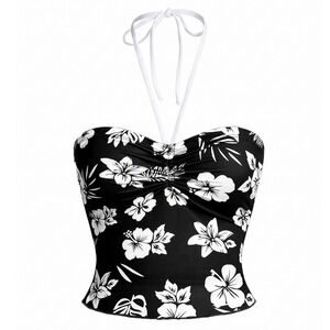 New Small Hibiscus Ruched‎ Halter Neck Sweetheart Crop Top Island Floral Black